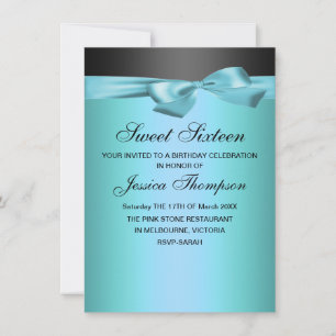 Blue & Black Bow Sweet 16 Birthday Invitation