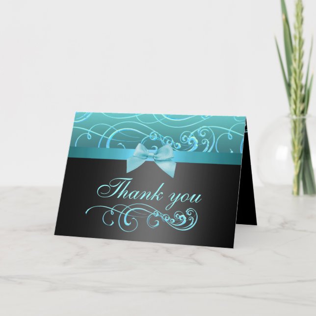 Blue/Black Bow & Swirl Thank You Card (Front)