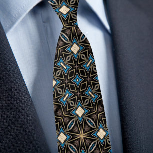 Blue Black Bronze and Cream Abstract Pattern Tie