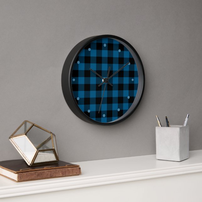 Blue Black Buffalo Lumberjack Check Plaid Pattern Clock (Office)