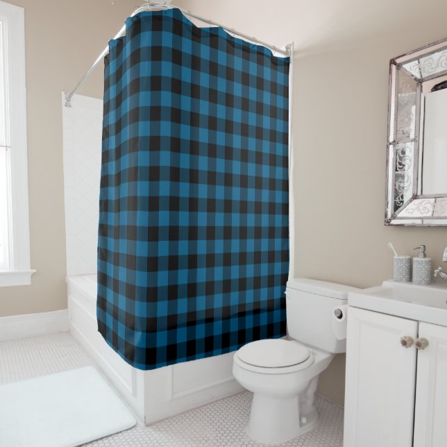 Blue Black Buffalo Lumberjack Check Plaid Pattern Shower Curtain (In Situ)