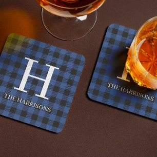 Blue Black Buffalo Plaid Monogram Holiday Coaster