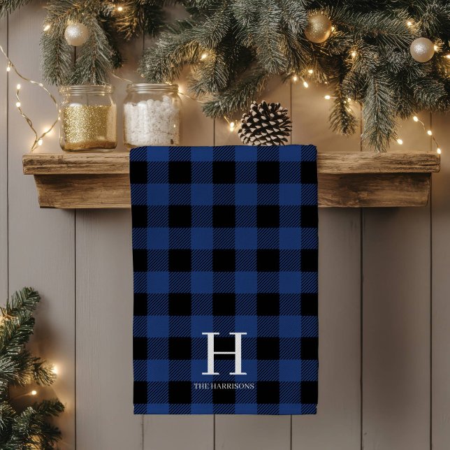 Blue Black Buffalo Plaid Monogram Holiday Tea Towel (Creator Uploaded)