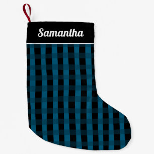 Blue Black Buffalo Plaid Personalized Name Small Christmas Stocking