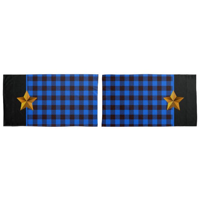 Blue & Black Buffalo Plaid with Single Gold Star Pillowcase (Front-Set)