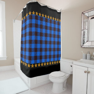 Blue & Black Buffalo Plaid with  Stars Accent Shower Curtain