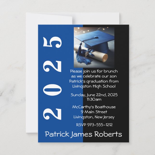 Blue & Black Cap Design Graduation Invitation (Front)
