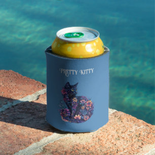 Blue Black Cat Flowers Pretty Kitty Can Cooler
