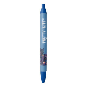 Blue Black Cat Flowers Pretty Kitty Ink Pen