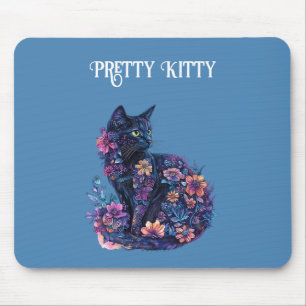 Blue Black Cat Flowers Pretty Kitty Mouse Pad