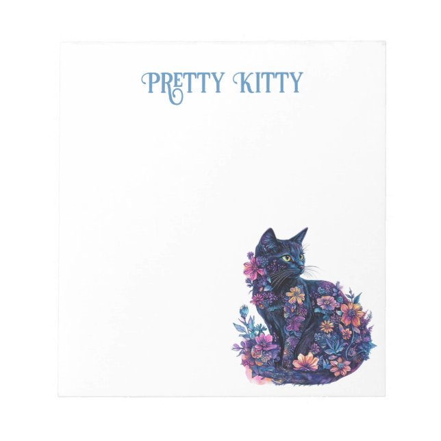 Blue Black Cat Flowers Pretty Kitty Notepad (Front)