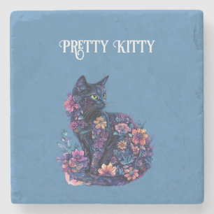 Blue Black Cat Flowers Pretty Kitty Stone Coaster