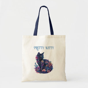 Blue Black Cat Flowers Pretty Kitty Tote Bag