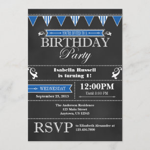 Blue Black Chalkboard Birthday Invitation
