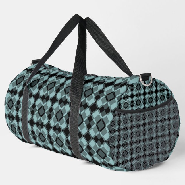 Blue Black Checker Argyle Pattern Large Duffle Bag (Right Corner)
