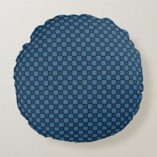 Blue Black Chequerboard Pattern Round Cushion