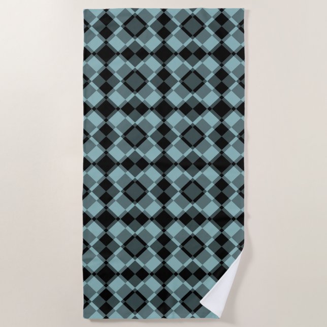 Blue Black Chequered Argyle Pattern Beach Towel (Front)