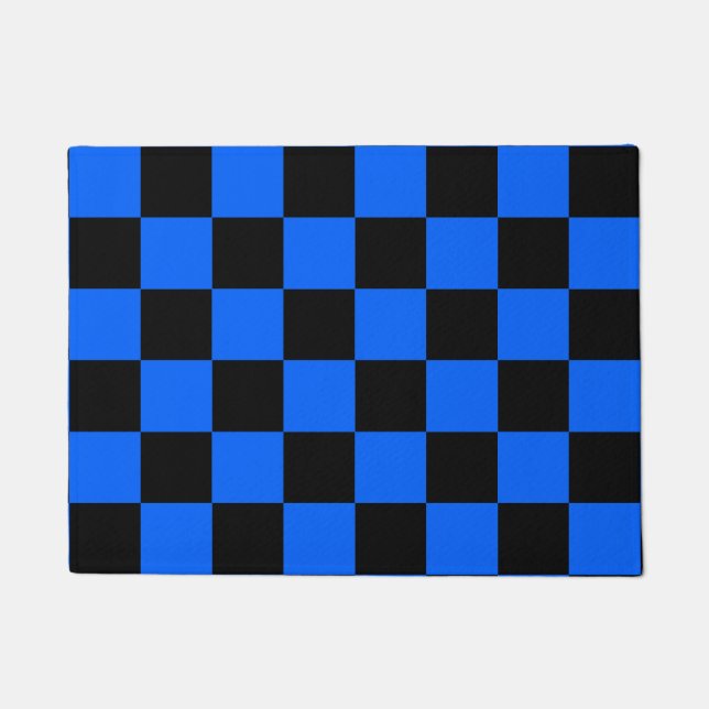 Blue Black Chequered Check Pattern Doormat (Front)