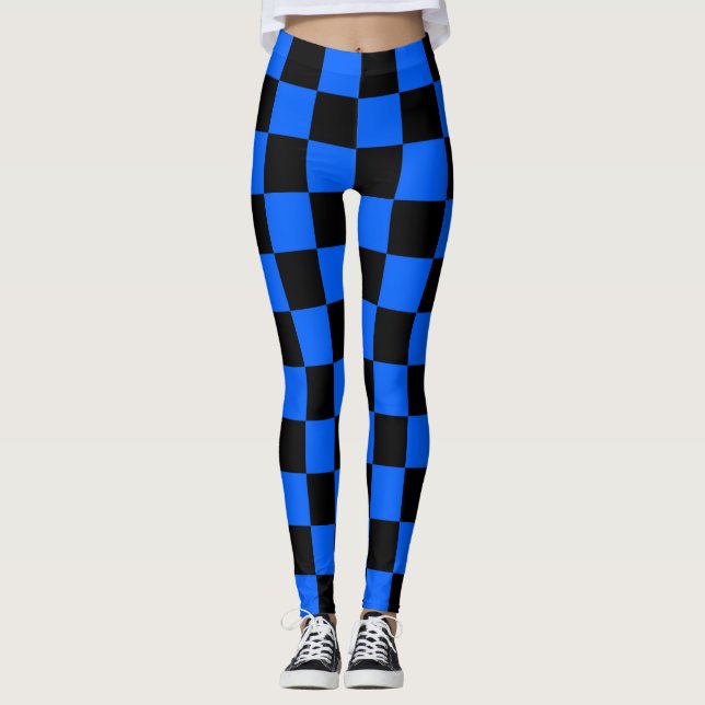Blue Black Chequered Check Pattern Leggings (Front)