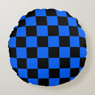 Blue Black Chequered Check Pattern Round Cushion