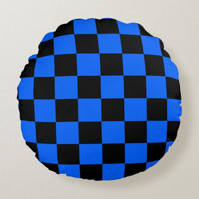 Blue Black Chequered Check Pattern Round Cushion (Front)
