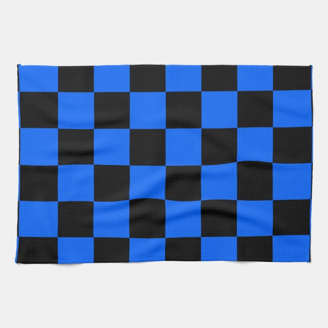 Blue Black Chequered Check Pattern Tea Towel (Horizontal)