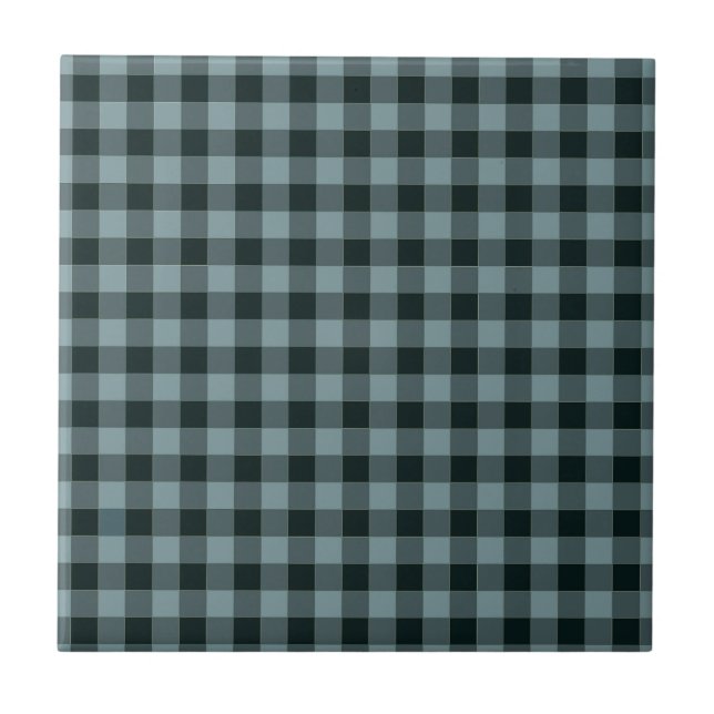 Blue Black Chequered Gingham Pattern Ceramic Tile (Front)