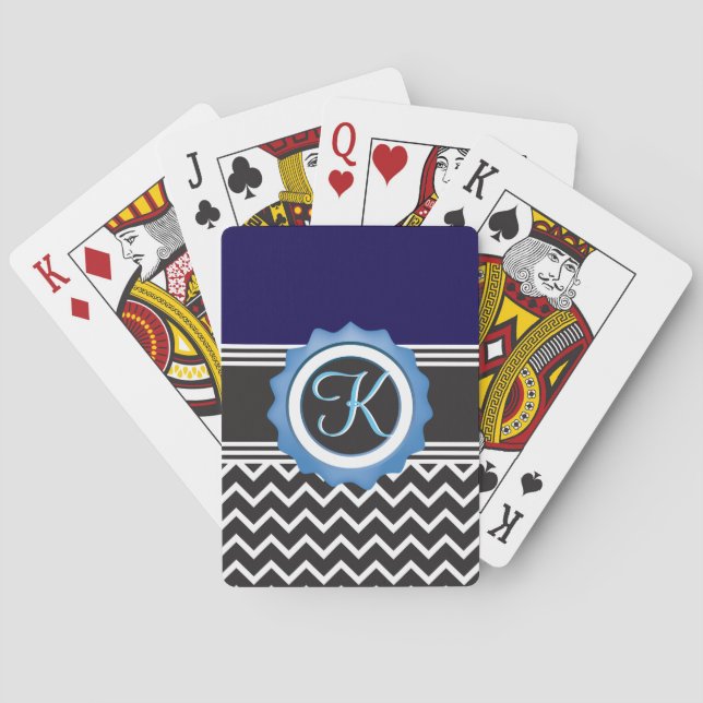 Blue Black Chevron Monogram Playing Cards (Back)