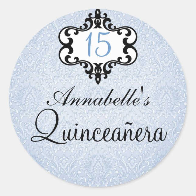 Blue & Black Chic Damask Quinceañera Sticker (Front)