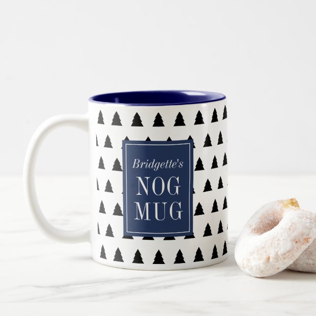 Blue Black Christmas Tree Patterned Personalised Two-Tone Coffee Mug (With Donut)