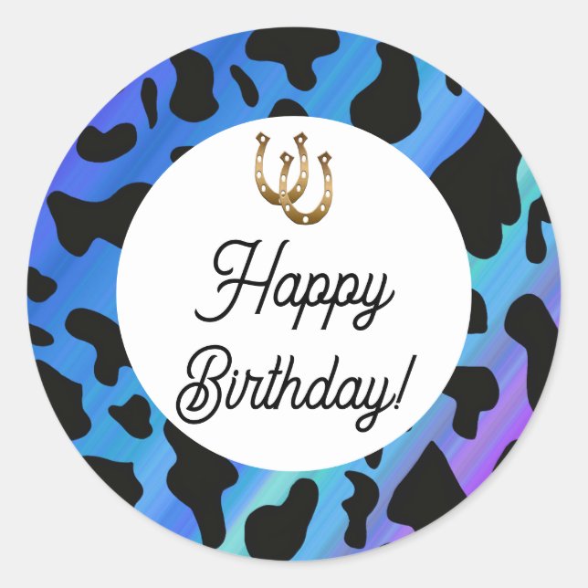 Blue & Black Cow Spots Birthday Classic Round Sticker (Front)