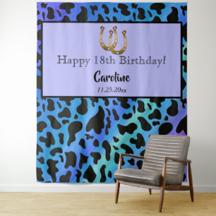 Blue & Black Cow Spots, Gold Horseshoe Birthday    Tapestry