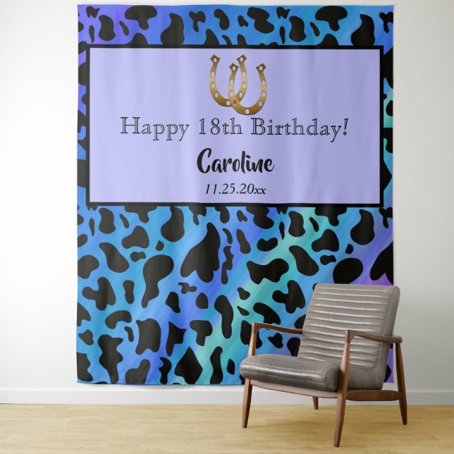 Blue & Black Cow Spots, Gold Horseshoe Birthday    Tapestry (In Situ)