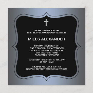 Blue Black Cross Boys First Communion Invitation