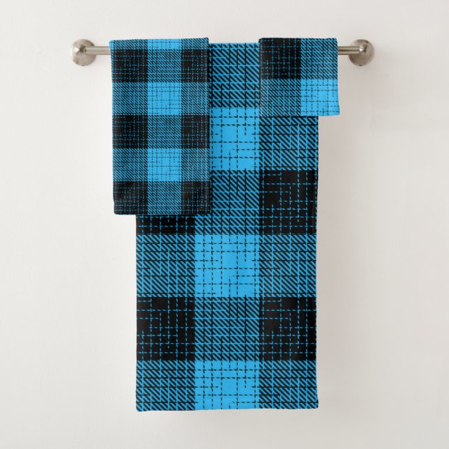  Blue Black Crosshatch Buffalo Check Bath Towel Set (Insitu)