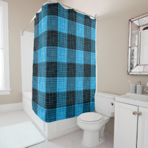  Blue Black Crosshatch Buffalo Check Shower Curtain
