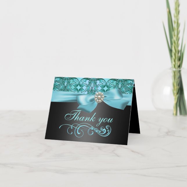 Blue/Black Damask & Bow Thank You Card (Front)