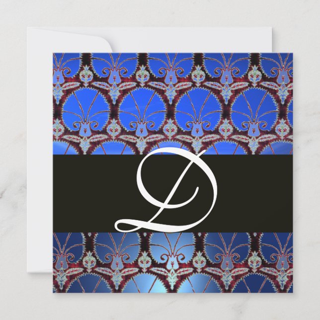 BLUE BLACK  DAMASK CARNATIONS MONOGRAM INVITATION (Front)