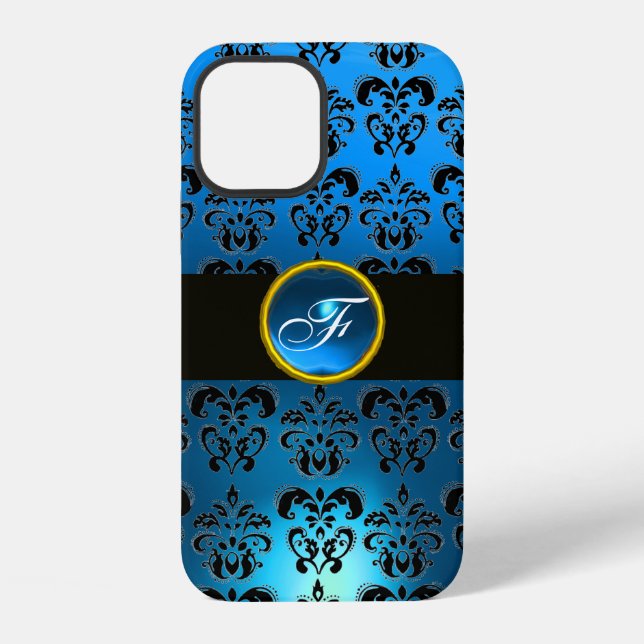 BLUE BLACK DAMASK GEM STONE MONOGRAM  iPhone CASE (Back)
