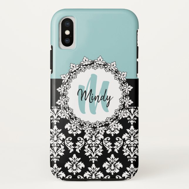 Blue Black Damask Hand Lettered Monogram Name Case-Mate iPhone Case (Back)
