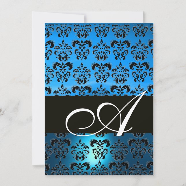 BLUE  BLACK  DAMASK MONOGRAM ,bright white Invitation (Front)
