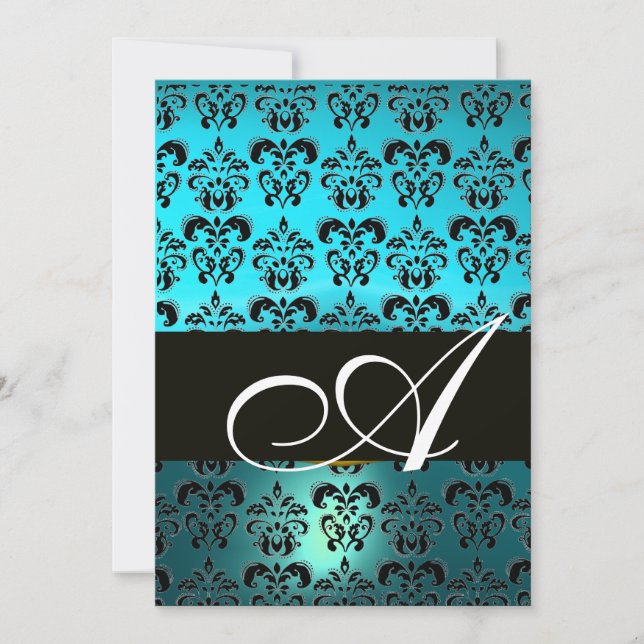 BLUE BLACK  DAMASK MONOGRAM ,bright white turquase Invitation (Front)