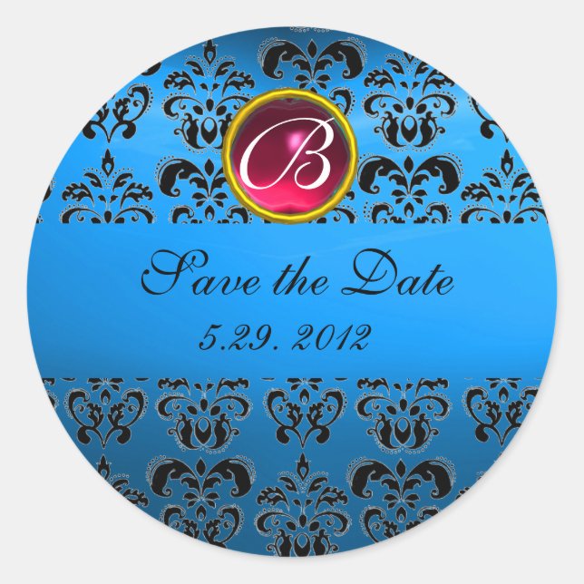BLUE BLACK DAMASK MONOGRAM ,red ruby sapphire Classic Round Sticker (Front)