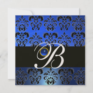 BLUE BLACK DAMASK MONOGRAM SAPPHIRE GOLD METALLIC INVITATION