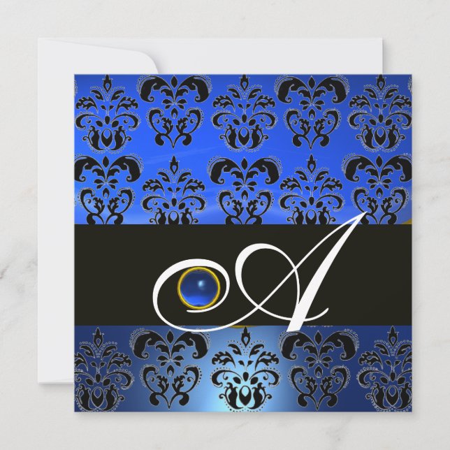 BLUE BLACK DAMASK MONOGRAM SAPPHIRE INVITATION (Front)