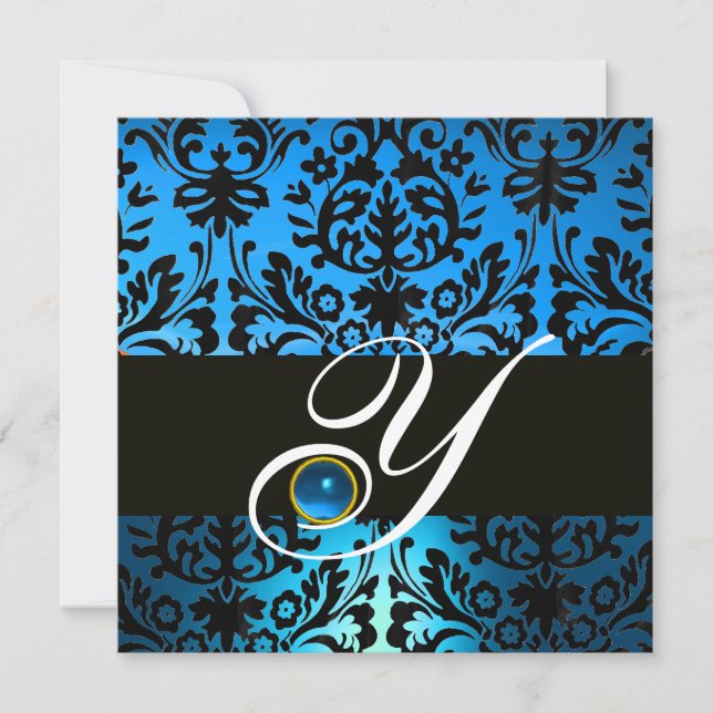 BLUE BLACK DAMASK MONOGRAM Sapphire Invitation (Front)