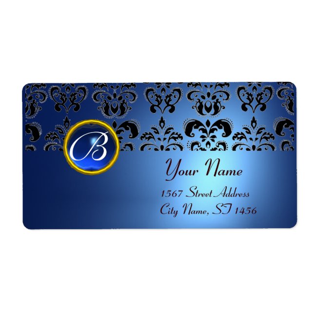 BLUE BLACK DAMASK MONOGRAM,sapphire turquase (Front)