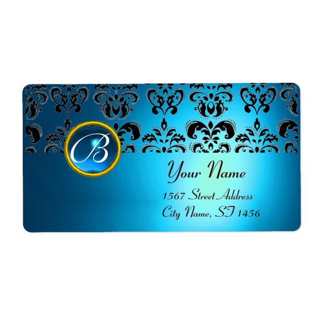 BLUE BLACK DAMASK MONOGRAM,sapphire turquase (Front)