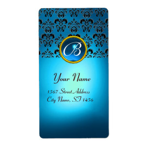 BLUE BLACK DAMASK MONOGRAM,sapphire turquase