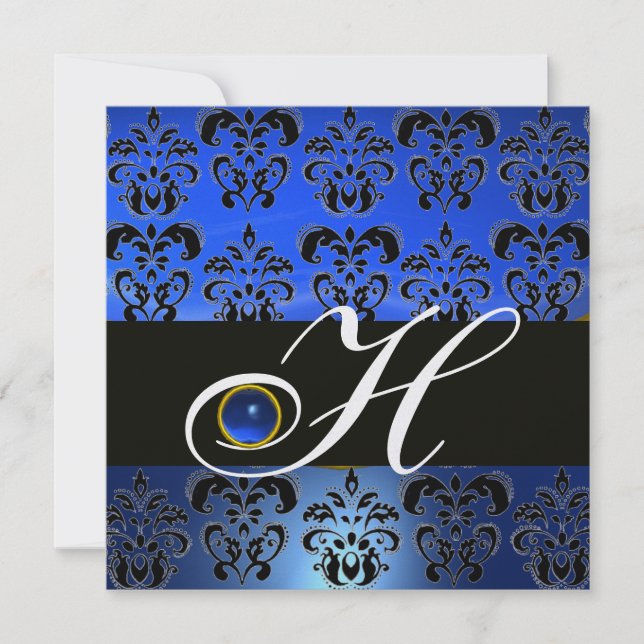 BLUE BLACK DAMASK MONOGRAM SAPPHIRE WHITE ICE INVITATION (Front)
